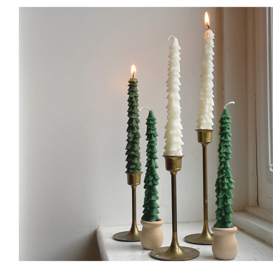 Evergreen Tree Tapers Pair of 2 in Off-White or Green// Tapers, Christmas Trees, Beeswax Candles, Green, Beeswax