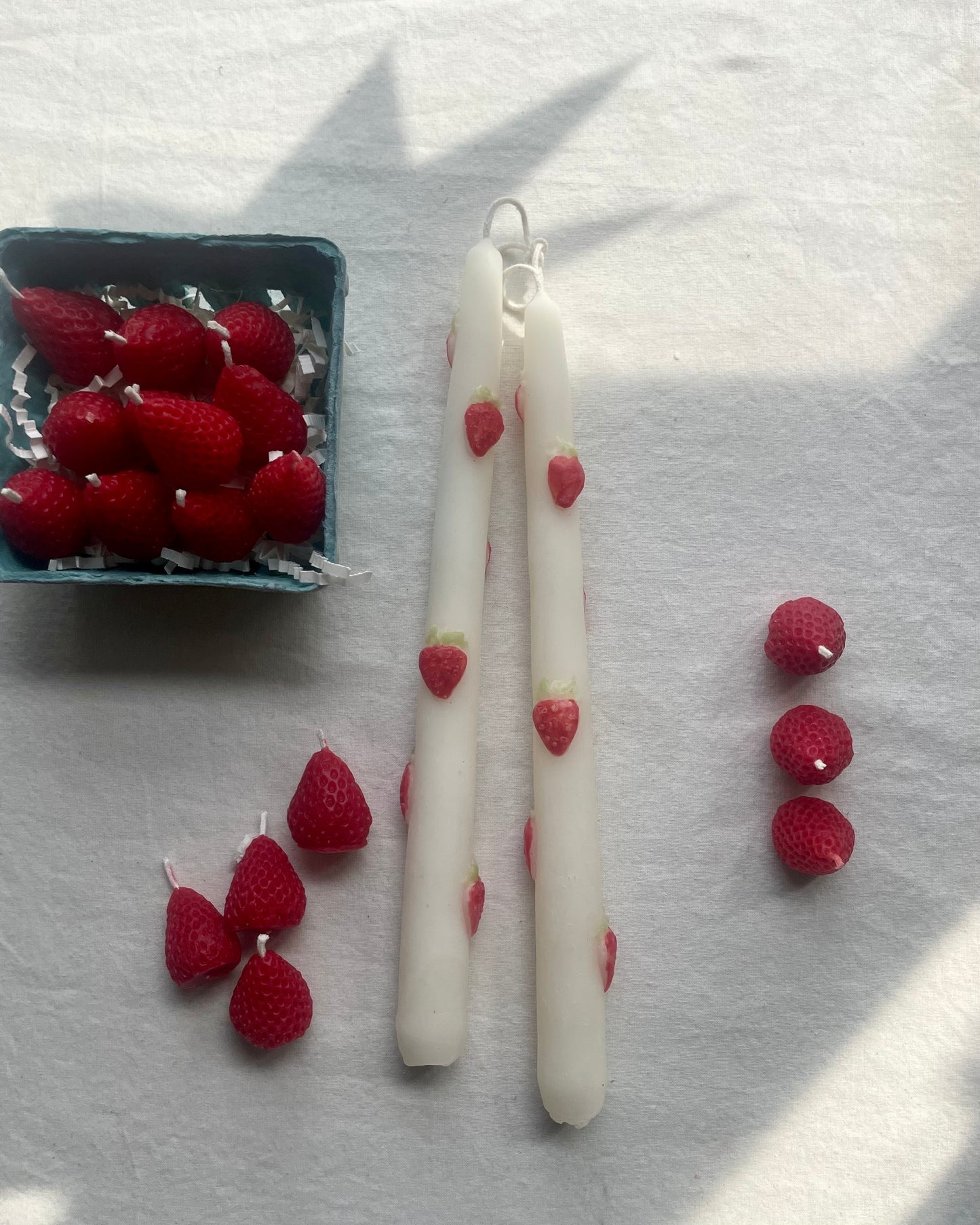Strawberry Taper Pair in Pure Beeswax - 10" Beeswax Tapers // Tapers, Fruit, Candles, Strawberries,