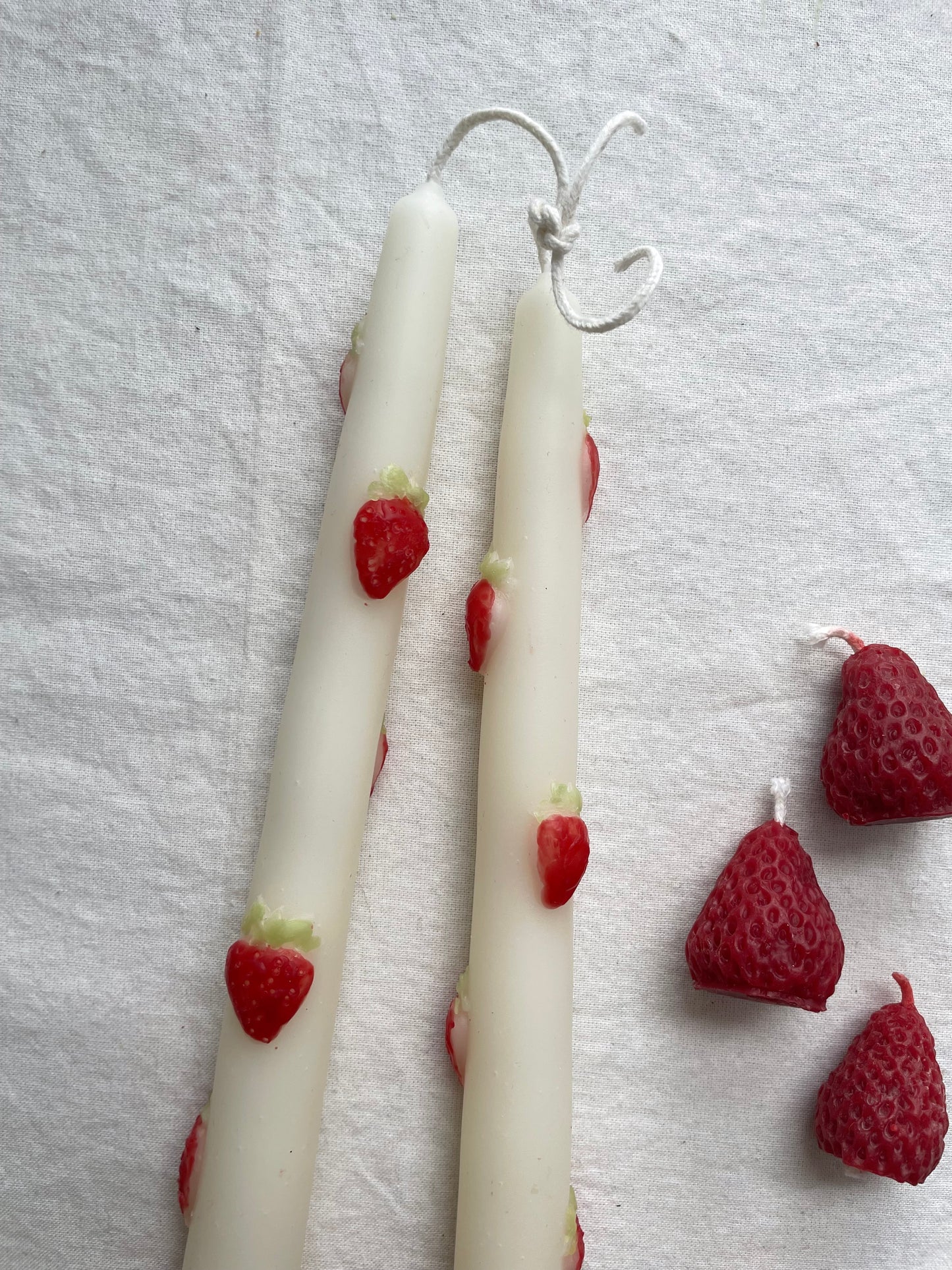 Strawberry Taper Pair in Pure Beeswax - 10" Beeswax Tapers // Tapers, Fruit, Candles, Strawberries,