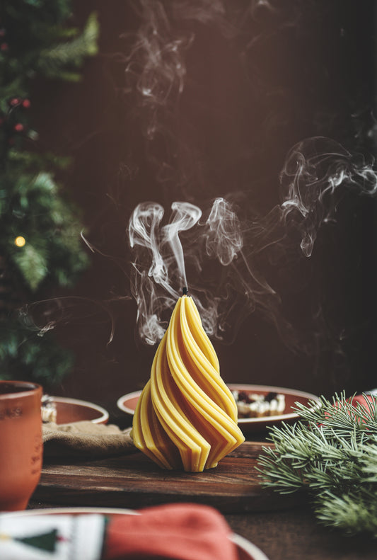 Tree Candle - Yellow Beeswax Candle - Christmas Tree Candle, Beeswax, Swirly Sculptural Tree