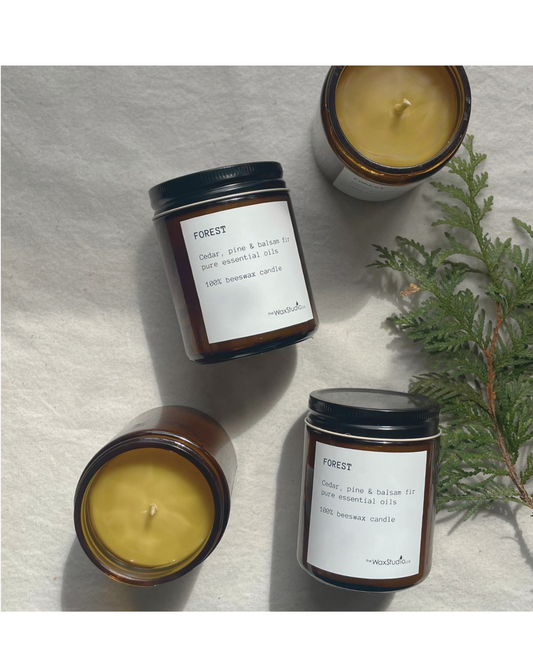 FOREST - Beeswax Jar Candle - Pure essential oils - Single Wick // Woodland Aroma - Beeswax Candle - Amber Glass Jar Candle - 50 hour burn time