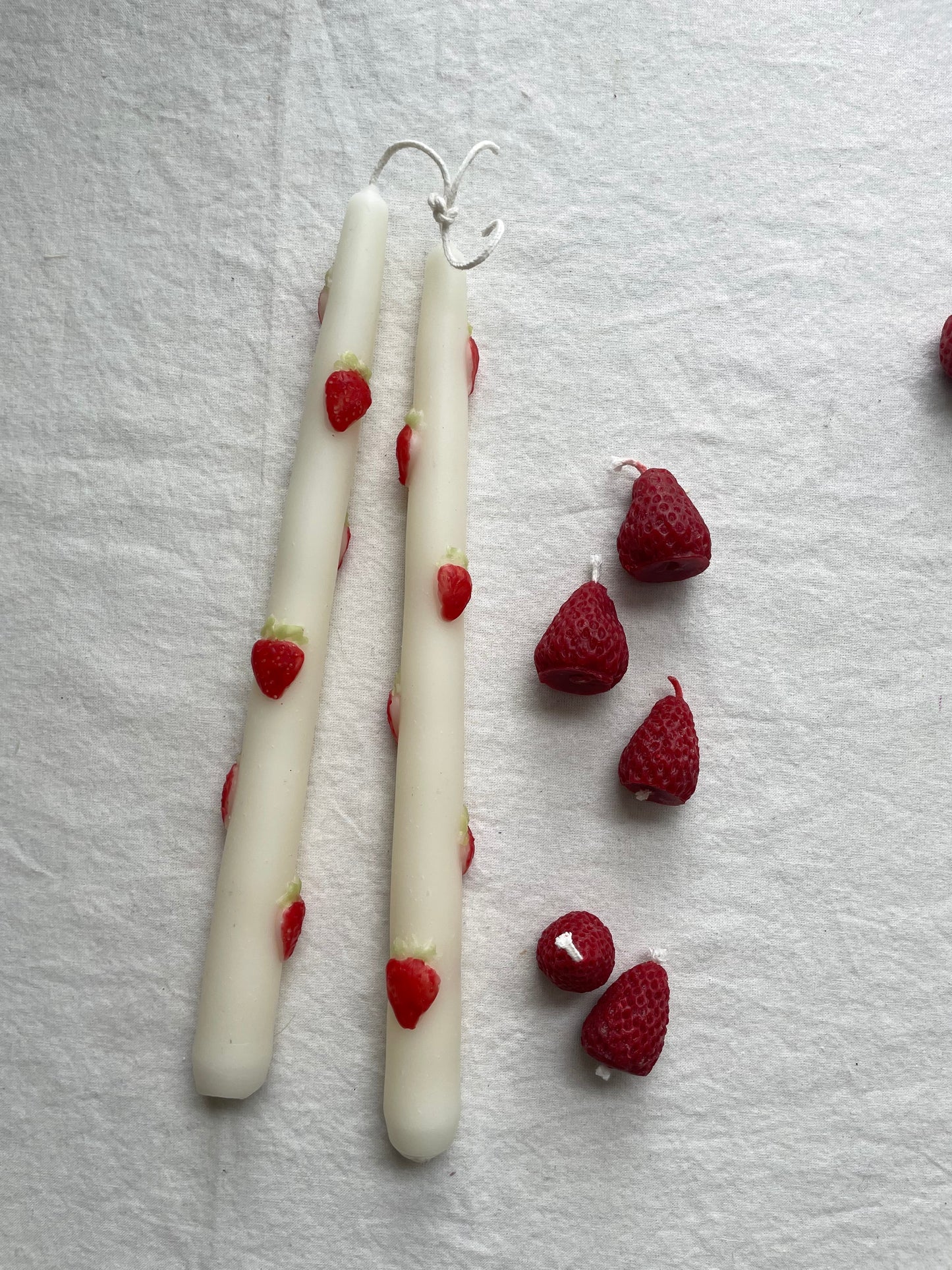 Strawberry Taper Pair in Pure Beeswax - 10" Beeswax Tapers // Tapers, Fruit, Candles, Strawberries,