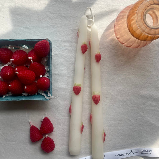Strawberry Taper Pair in Pure Beeswax - 10" Beeswax Tapers // Tapers, Fruit, Candles, Strawberries,