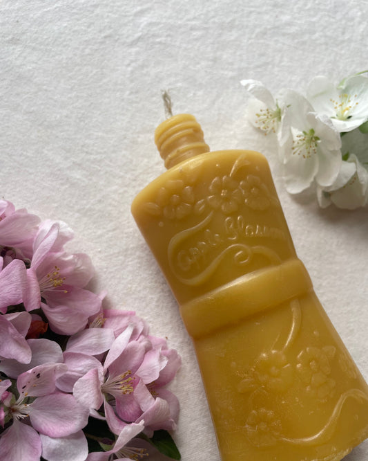Apple Blossom Antique Bottle - Vintage Bottle - Beeswax Candle / Antique Bottle Candle // Bottle, Burnable Bottle Candle, Candle, Pure Beeswax