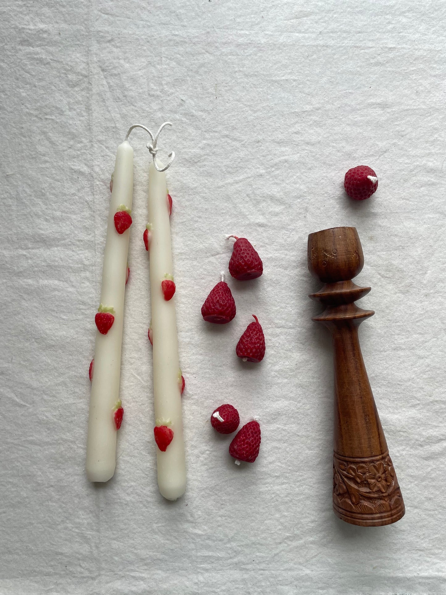 Strawberry Taper Pair in Pure Beeswax - 10" Beeswax Tapers // Tapers, Fruit, Candles, Strawberries,