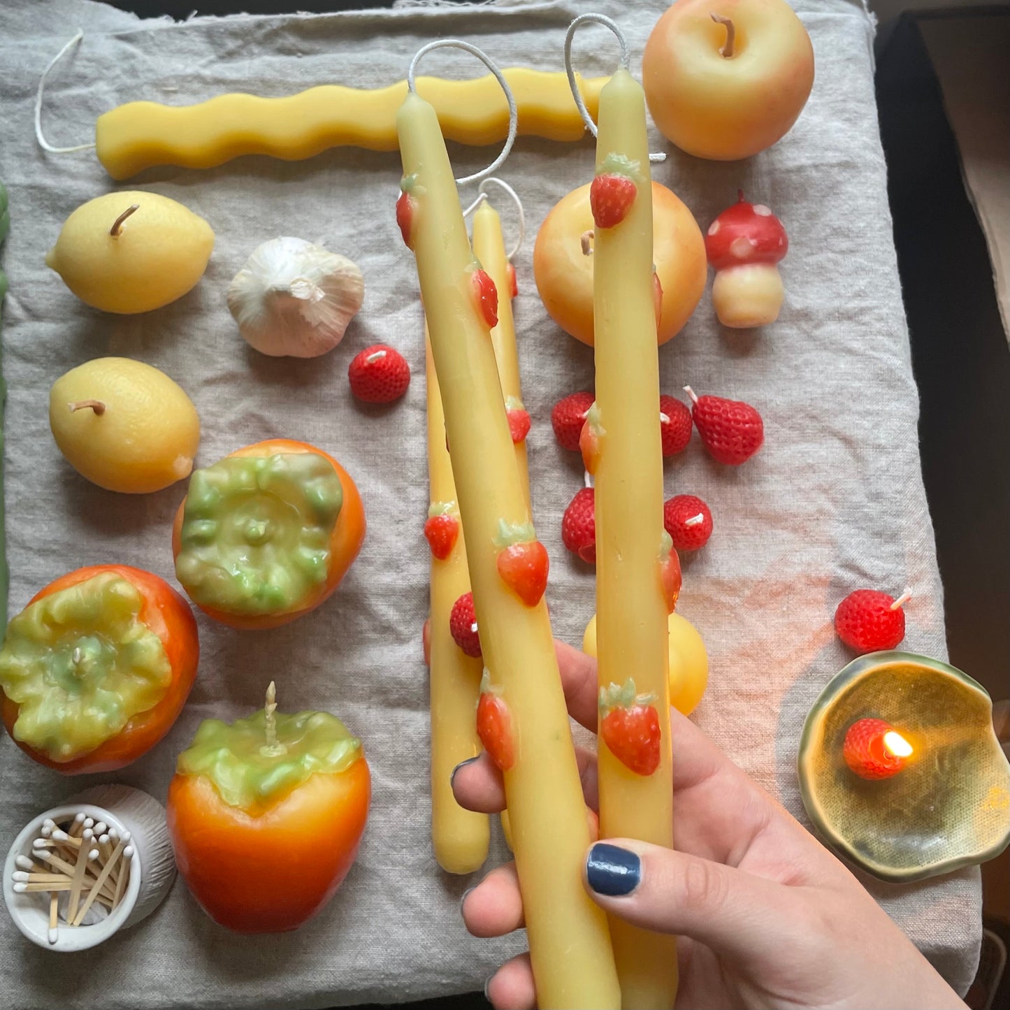 Strawberry Taper Pair in Pure Beeswax - 10" Beeswax Tapers // Tapers, Fruit, Candles, Strawberries,