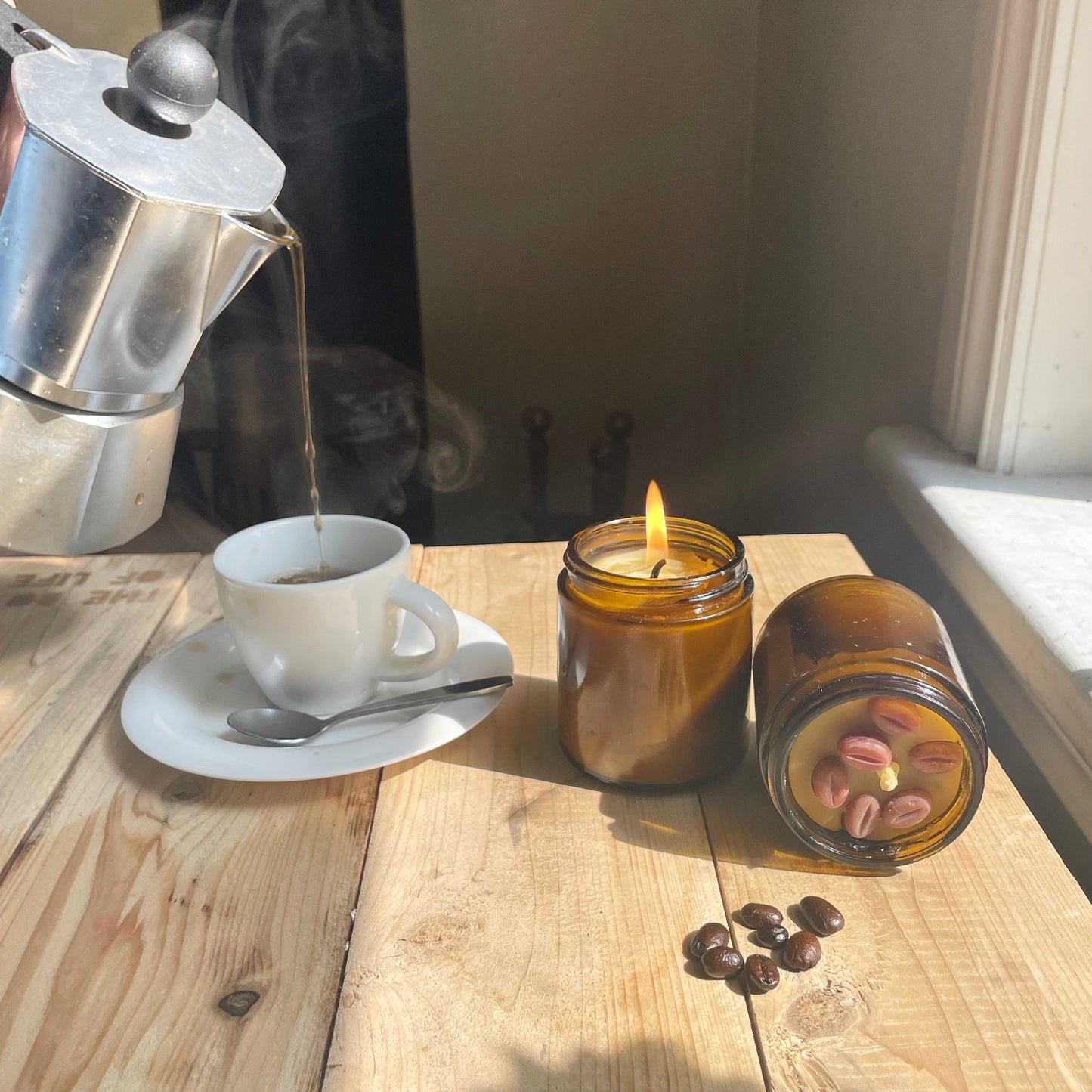 Coffee and Beeswax Jar Candle - 4 oz. Amber Glass Jar / Beeswax Candle - Jar Candle, Beeswax, Essential Oils