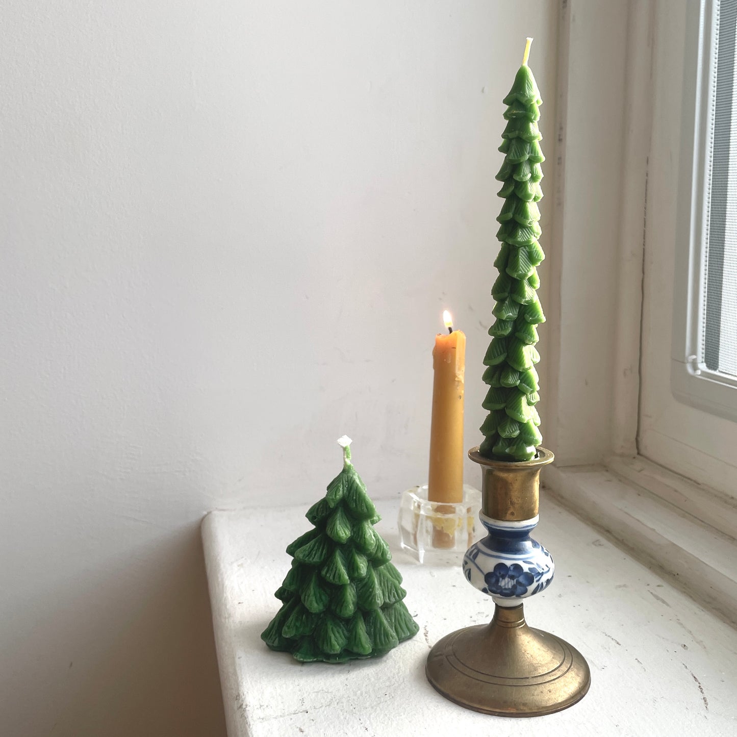 Evergreen Tree Tapers Pair of 2 in Off-White or Green// Tapers, Christmas Trees, Beeswax Candles, Green, Beeswax