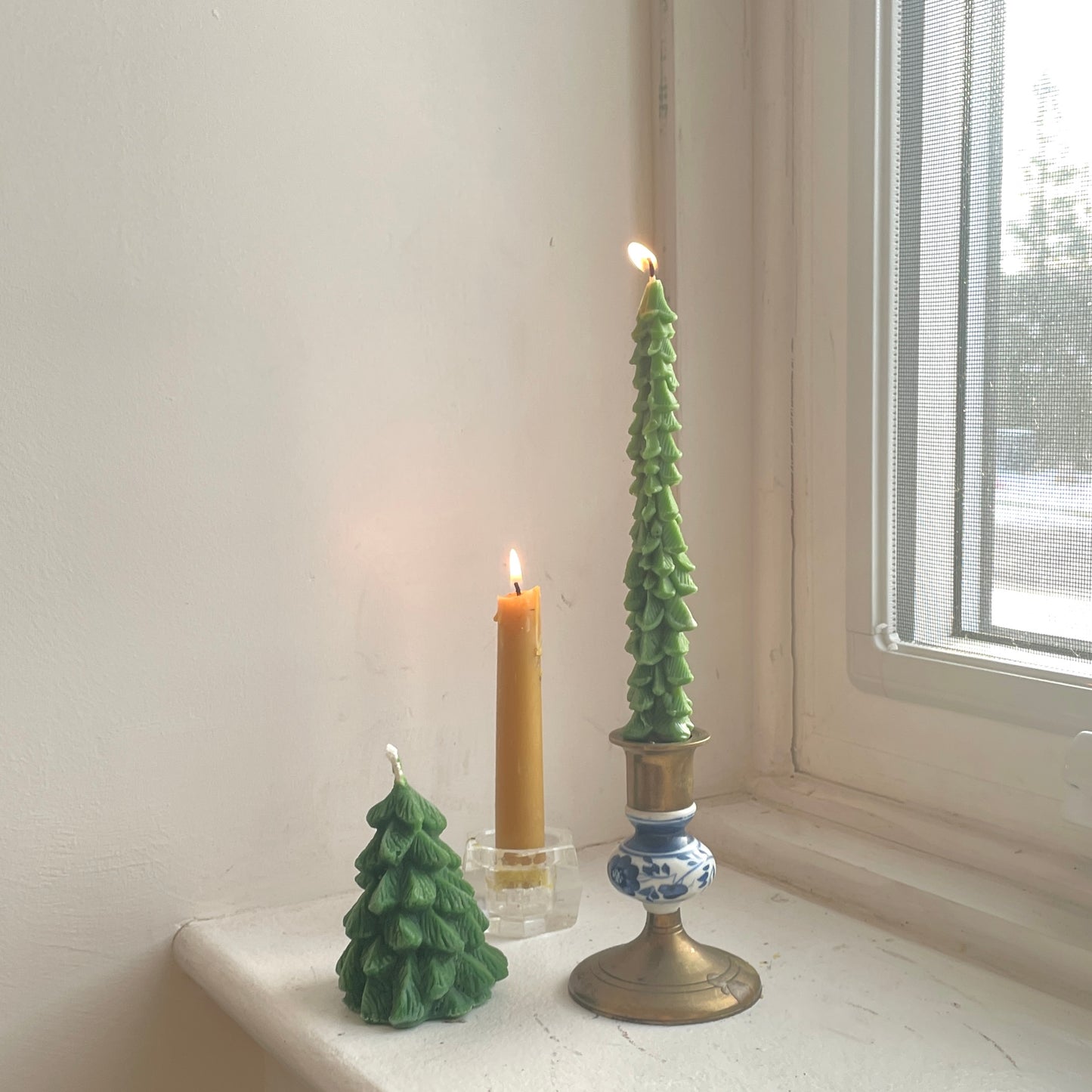 Evergreen Tree Tapers Pair of 2 in Off-White or Green// Tapers, Christmas Trees, Beeswax Candles, Green, Beeswax