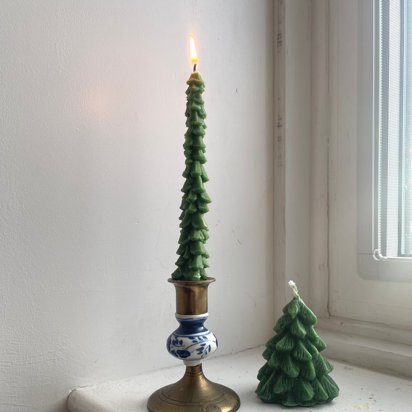Evergreen Tree Tapers Pair of 2 in Off-White or Green// Tapers, Christmas Trees, Beeswax Candles, Green, Beeswax