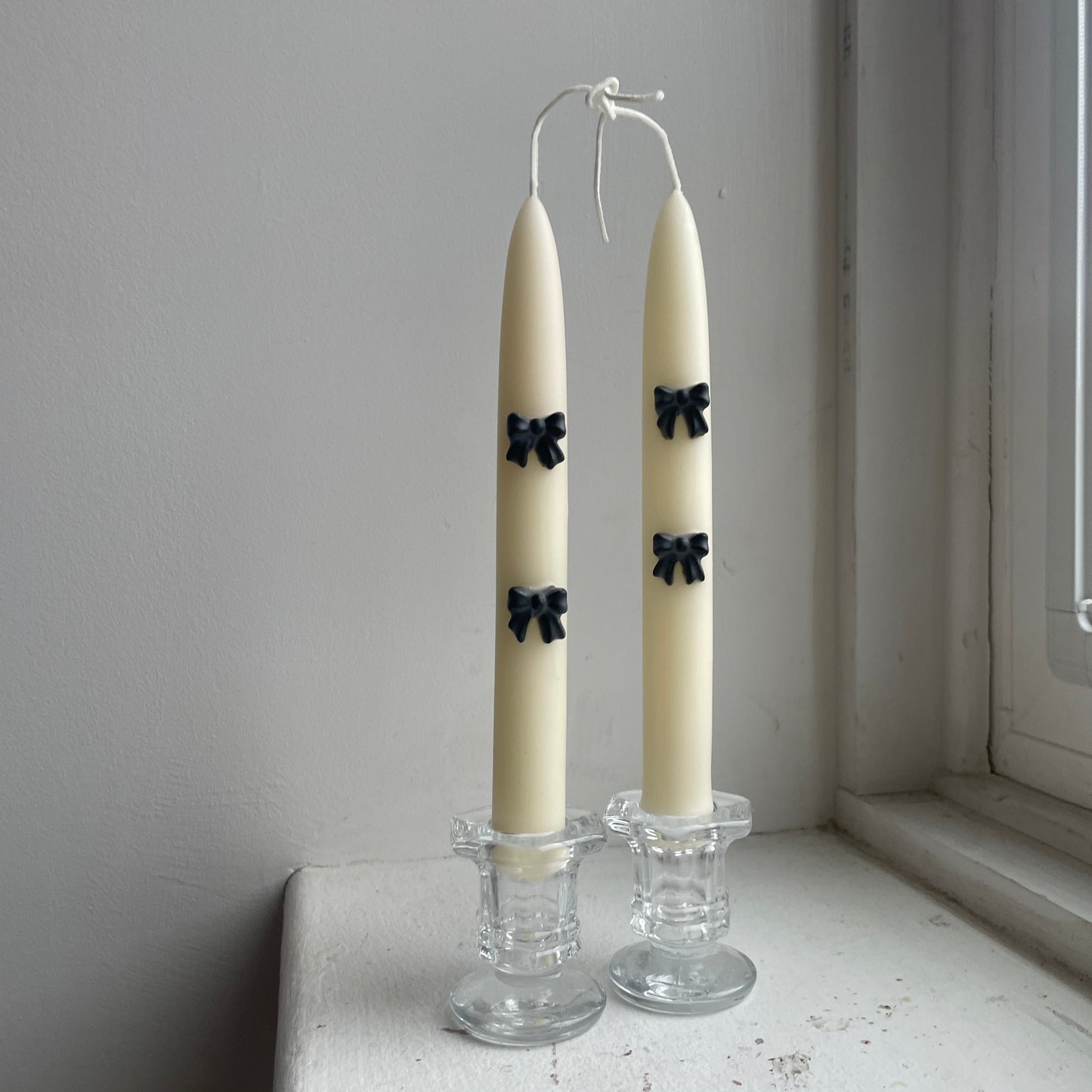 Ribbon Bows Beeswax Tapers - Pair of 2 // Tapers, Bows, Candles, Beeswax, Black and White