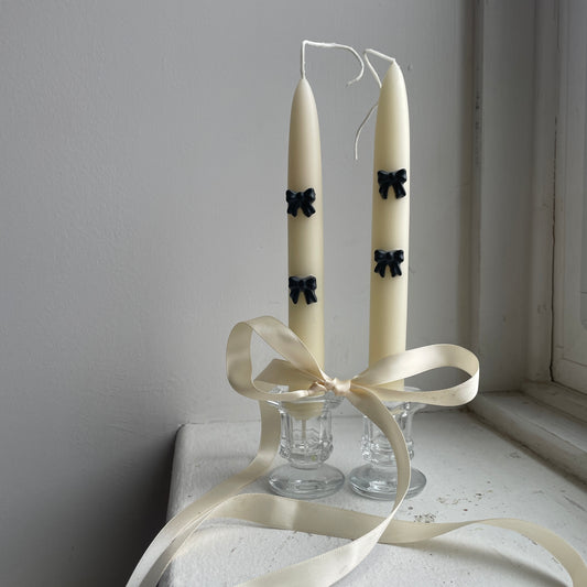 Ribbon Bows Beeswax Tapers - Pair of 2 // Tapers, Bows, Candles, Beeswax, Black and White