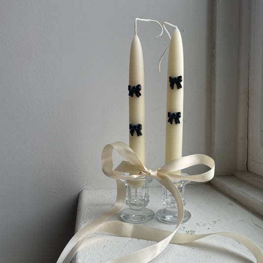 Ribbon Bows Beeswax Tapers - Pair of 2 // Tapers, Bows, Candles, Beeswax, Black or Pink