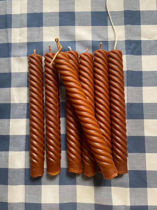 Walnut Brown Spiral Tapers in Pure 100%  Beeswax - Pair of Two 8" - Beeswax Tapers - Candles - Beeswax Candles, Brown, Tapers