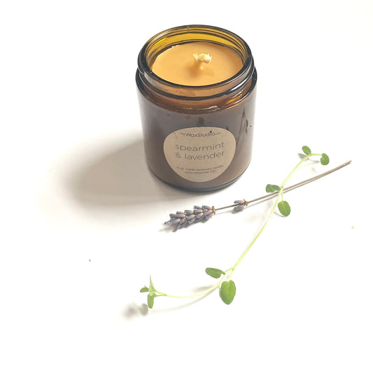 Spearmint and Lavender Jar Candle in Pure Beeswax with Essential Oils / 4 oz. Amber Glass Jar - Candle, Aromatherapy
