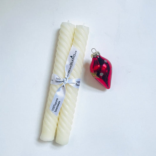 White Beeswax Spiral Tapers - Pair of Two 8" - Beeswax Tapers - Candles - Beeswax Candles, Twisted Taper Candles