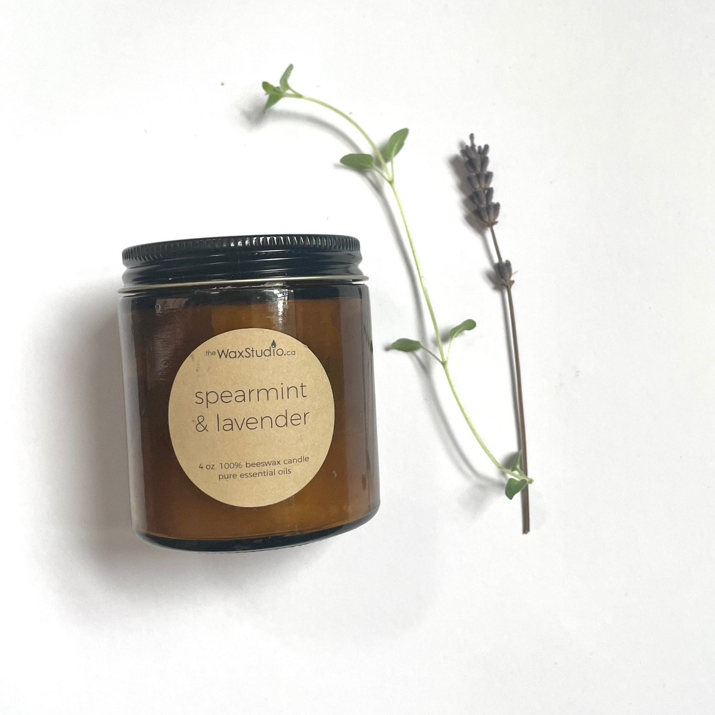 Spearmint and Lavender Jar Candle in Pure Beeswax with Essential Oils / 4 oz. Amber Glass Jar - Candle, Aromatherapy