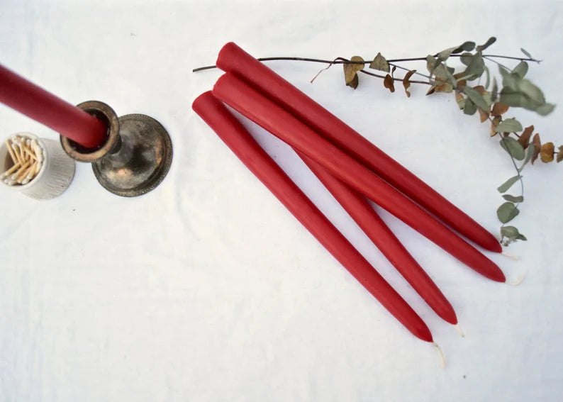 Red Beeswax Tapers - Pair of Two - You Choose 8" or 10" tall - Beeswax Candles, Tapers