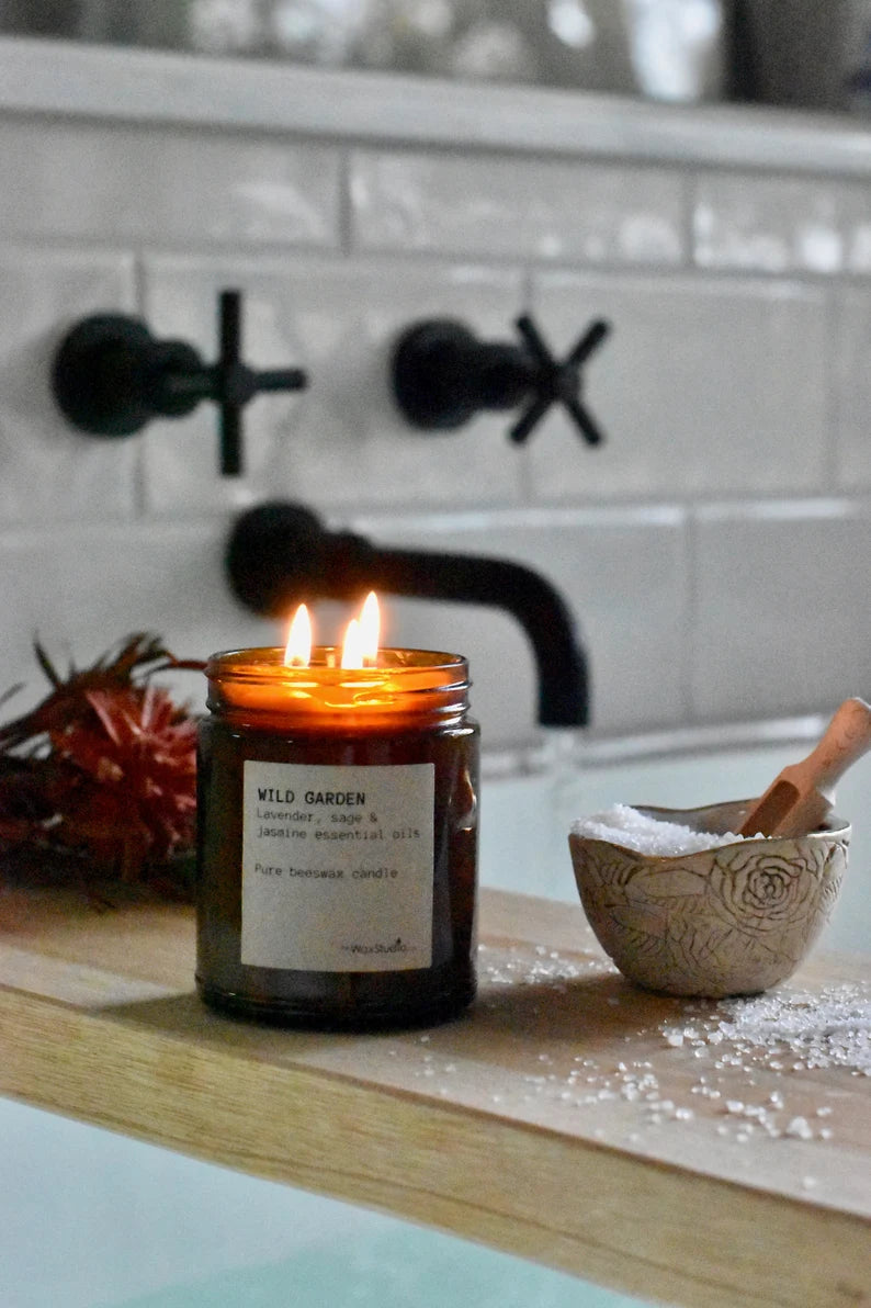 Bath Jar Candle - Pure Beeswax - Amber Glass - With Pure Essential Oils // Beeswax Candle - Amber Glass Jar Candle - 50 hour burn time, Bath Candle