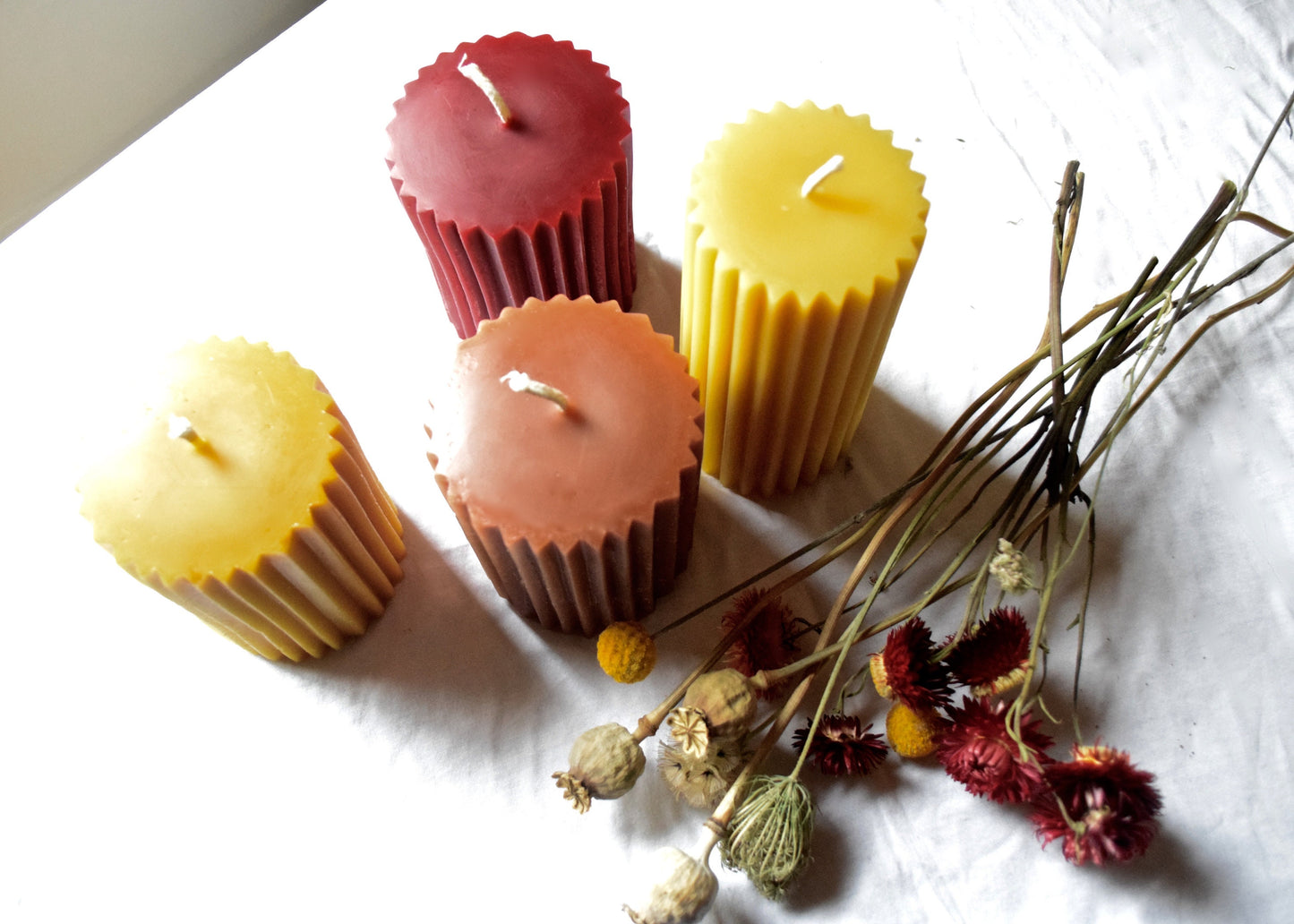 Fluted Pillar Candles/ Candle, Pillar Candle, Beeswax Candles, Beeswax - Two Sizes, in Burgundy, Caramel and Golden Yellow - Eco Luxury