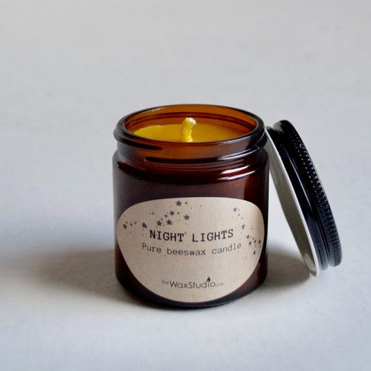 Beeswax Jar Candle - 4 oz. Amber Glass Jar -  NIGHT LIGHTS / Beeswax Candle  - Camping, Travel, Patio, Backyard Candle