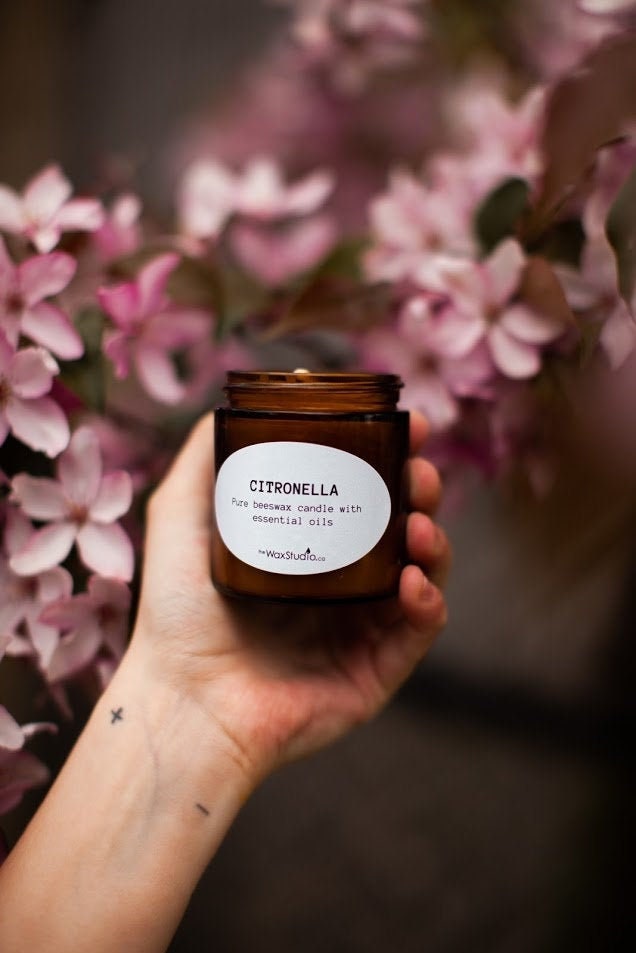 Citronella Beeswax Jar Candle - 4 oz. Amber Glass Jar / Beeswax Candle - Jar Candle, Beeswax, Citronella