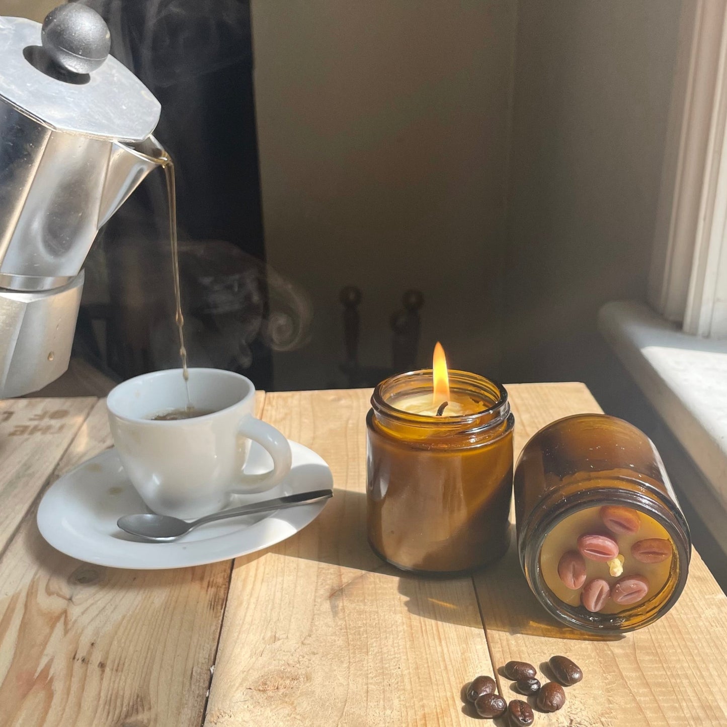 Coffee Candle - 100% Beeswax Candle - 4 oz. Amber Glass Jar / Beeswax Candle  - Jar Candle, Beeswax, Essential Oils
