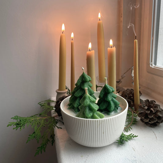 Evergreen Bowl - 100% Beeswax Candle - LOCAL PICK UP ONLY - Green Trees Winter Scene Bowl - Christmas - Beeswax, Candle