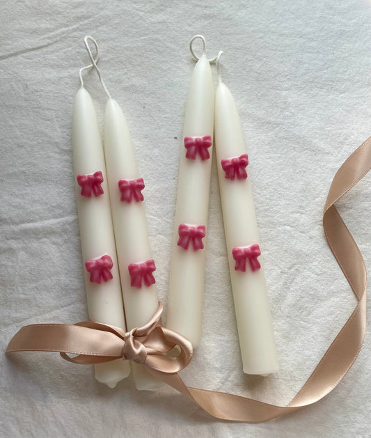 Pink Ribbon Bows Beeswax Tapers - Pair of 2 // Tapers, Bows, Candles, Beeswax, Pink