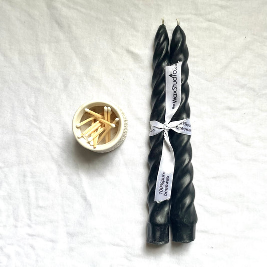 Black Beeswax Twisted tapers - Hygge Home - Pair of 2 Taper Candles, Beeswax, Candles