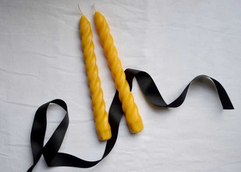 Hygge Home - Pair of Twisted Pure Beeswax Taper Candles, Beeswax, Candles