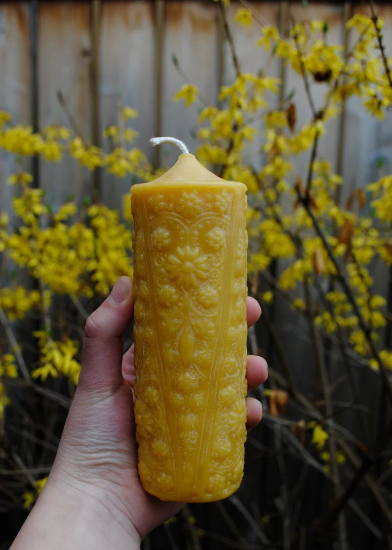 1800s Flower Pillar in Pure Beeswax // Pillar Candle Cast from Actual Candle from 1800s / Beeswax Candle