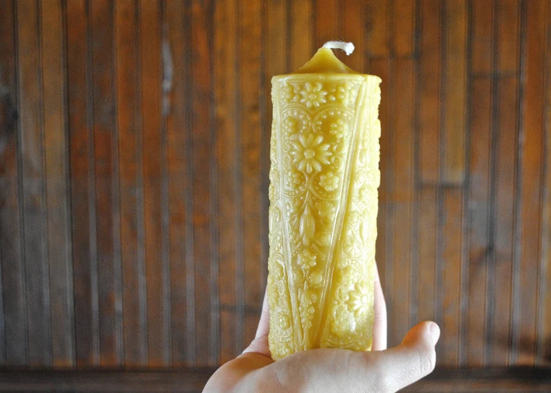 1800s Flower Pillar in Pure Beeswax // Pillar Candle Cast from Actual Candle from 1800s / Beeswax Candle