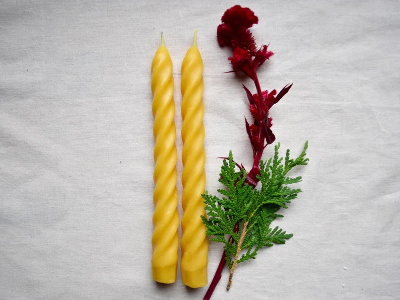 Hygge Home - Pair of Twisted Pure Beeswax Taper Candles, Beeswax, Candles