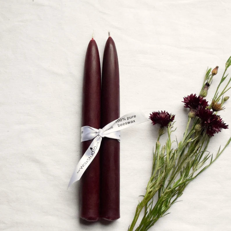 Burgundy Beeswax Tapers - Pair of 2 - Beeswax Candles, Tapers