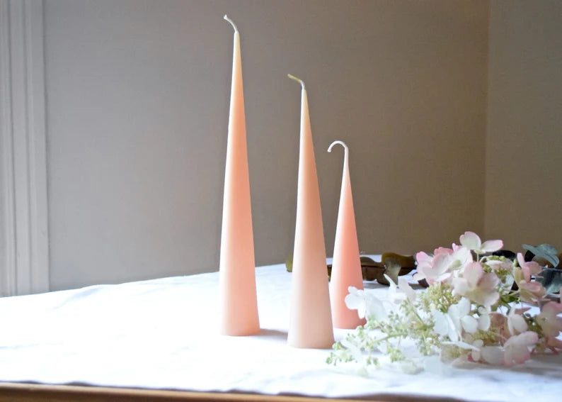 Light Pink Beeswax Cones - 6", 8", 10" 12" - Candle, Beeswax, Pink Cone Candle - Hygge