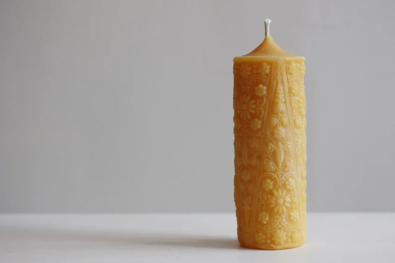 1800s Flower Pillar in Pure Beeswax // Pillar Candle Cast from Actual Candle from 1800s / Beeswax Candle