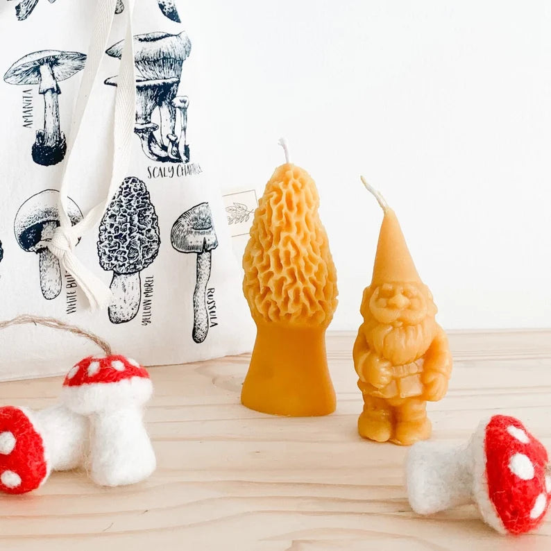 Gnome and Mushroom PAIR of 2 beeswax candles - Garden Gnome, Morel Mushroom, Candles, Beeswax, Woodland
