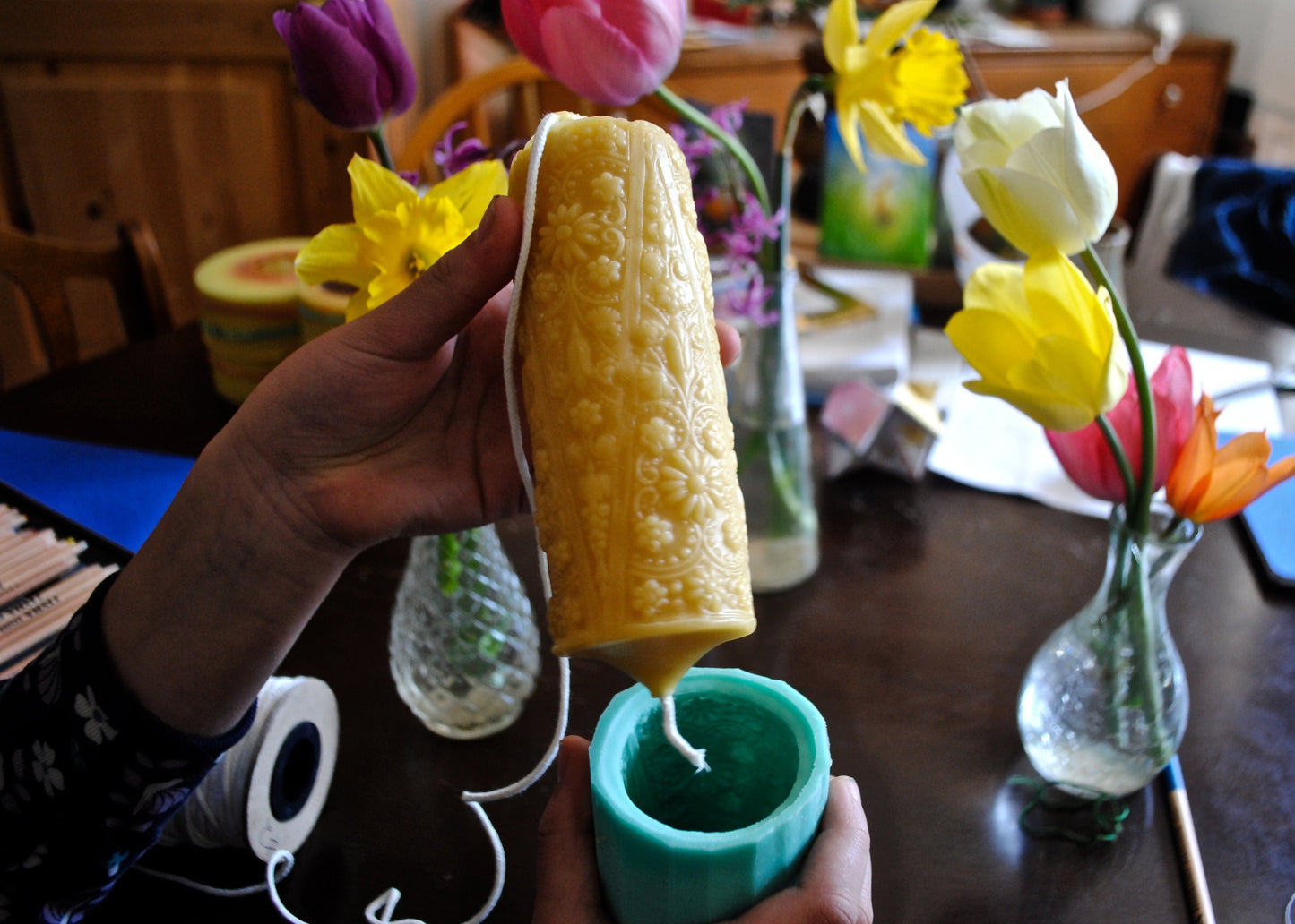 1800s Flower Pillar in Pure Beeswax // Pillar Candle Cast from Actual Candle from 1800s / Beeswax Candle