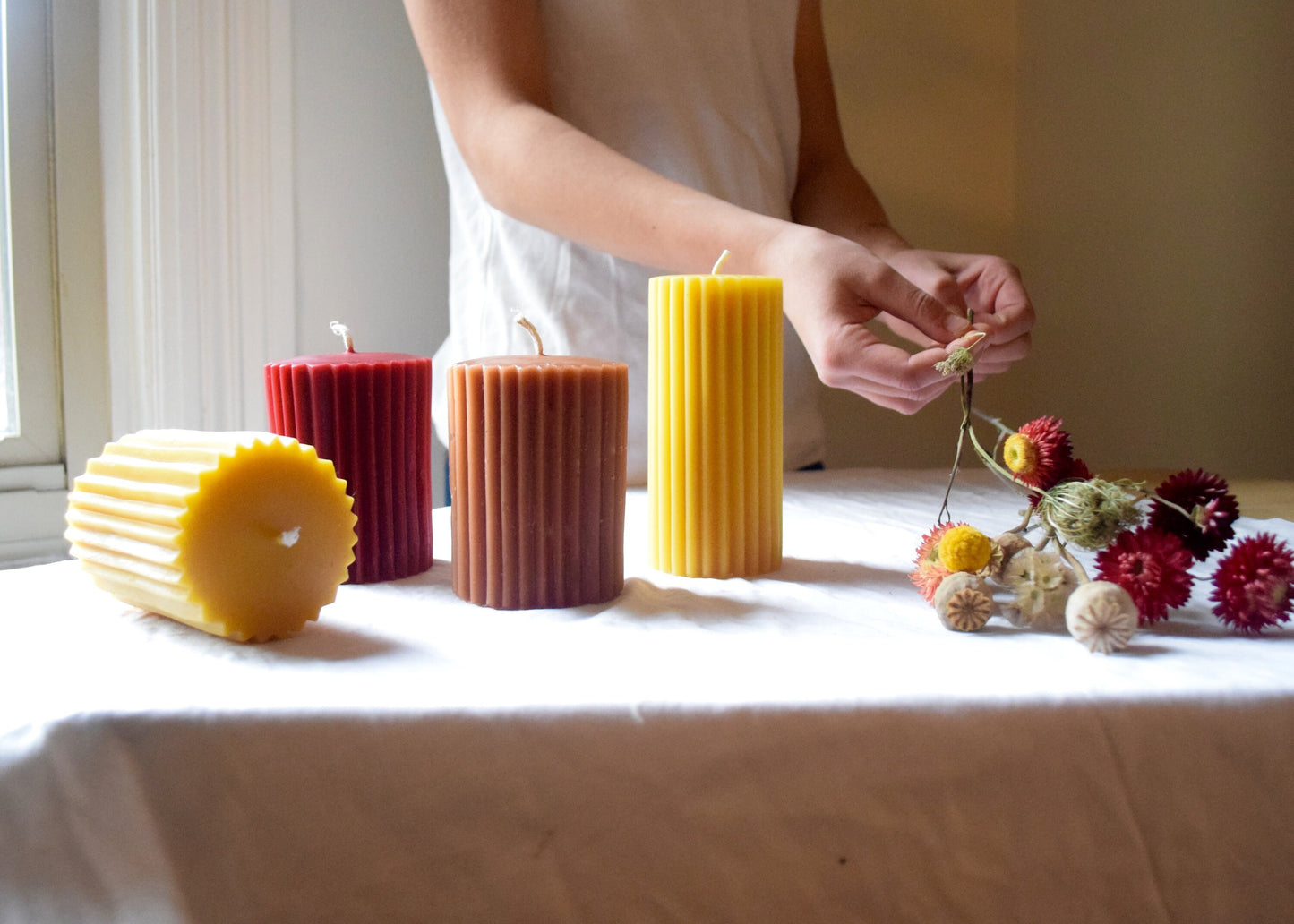 Fluted Pillar Candles/ Candle, Pillar Candle, Beeswax Candles, Beeswax - Two Sizes, in Burgundy, Caramel and Golden Yellow - Eco Luxury