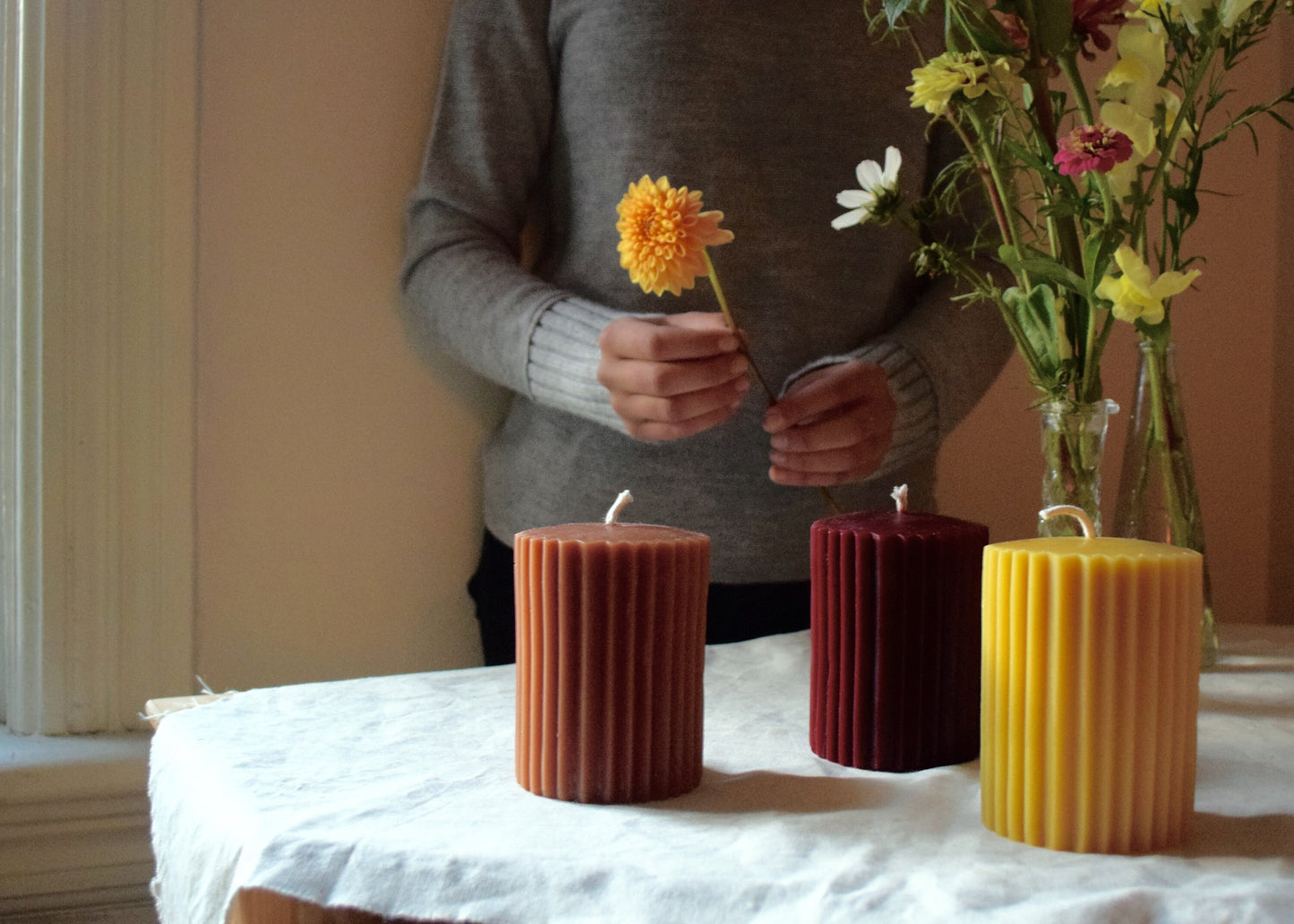 Fluted Pillar Candles/ Candle, Pillar Candle, Beeswax Candles, Beeswax - Two Sizes, in Burgundy, Caramel and Golden Yellow - Eco Luxury