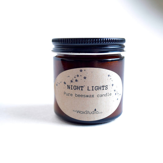 Beeswax Jar Candle - 4 oz. Amber Glass Jar -  NIGHT LIGHTS / Beeswax Candle  - Camping, Travel, Patio, Backyard Candle