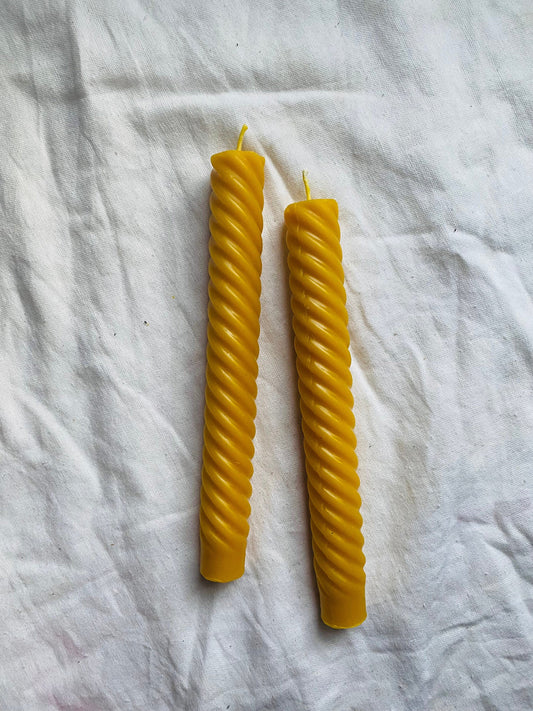 Spiral Tapers in Pure Beeswax - Pair of Two 8" - Beeswax Tapers - Candles - Beeswax Candles, Twisted Taper Candles